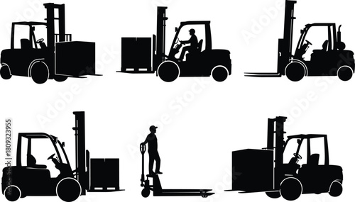 Vector set of black forklift silhouettes featuring warehouse industrial trucks with drivers and pallets for logistics cargo delivery design isolated on a white background.
