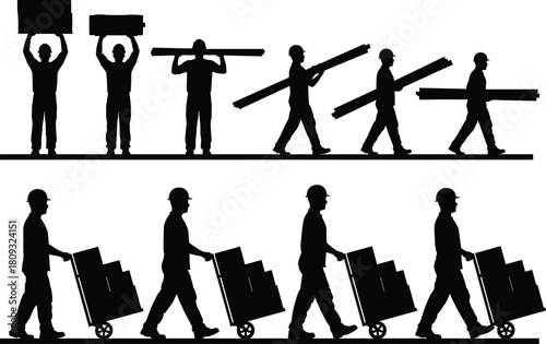 Vector set of construction worker silhouettes carrying heavy loads and pushing hand trucks with boxes for logistics and warehouse design isolated on white background.