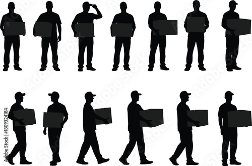 Vector set of delivery man silhouettes carrying boxes including walking and standing poses for logistics shipping and moving service design isolated on white background.