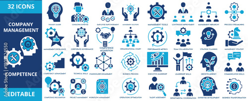 Company Management and Competence Icon Set – Business Strategy Vector Collection. Corporate Leadership, Teamwork, and Management Skills Icon Pack
