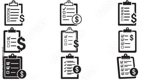 Minimal clipboard checklist with dollar icon — compact financial task list and payment audit symbol for expense tracking and billing