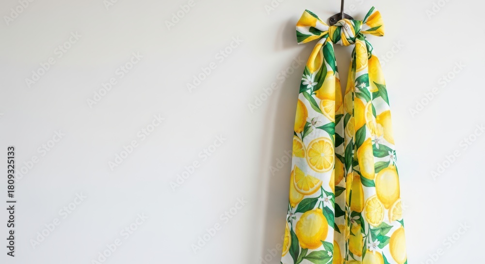 Obraz premium Bright lemon-patterned scarf hanging on hook with bow accent