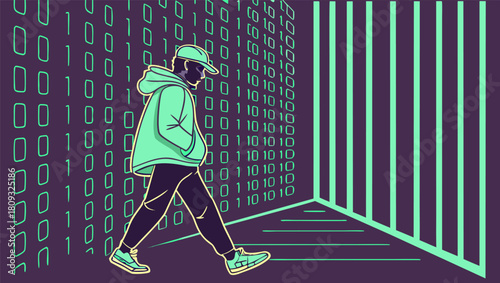 Illustration of a person walking through a digital corridor filled with binary code and light beams.