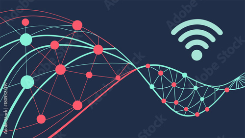 Abstract network illustration with interconnected dots and lines, resembling a digital wave, and a wifi symbol.