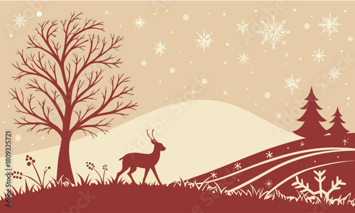 Winter scene with a deer, bare tree, snow-covered hills, and snowflakes falling.