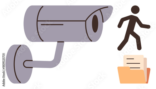 Surveillance device observing a walking person and folder of documents. Ideal for security, privacy, monitoring, compliance, data protection, law enforcement, information safety. Simple flat metaphor
