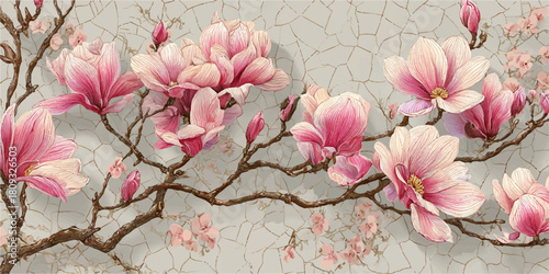 Delicate pink magnolia blossoms adorning a textured wall in soft natural light