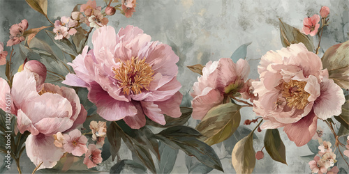 Soft focus close up of delicate pink peonies and blossoms in a vintage floral arrangement