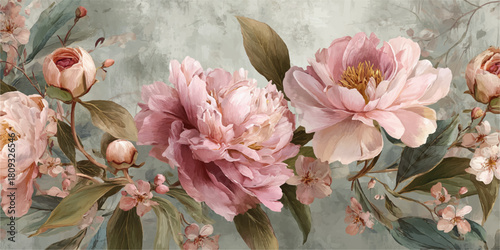 Soft focus vintage floral arrangement with delicate pink peonies and roses in bloom