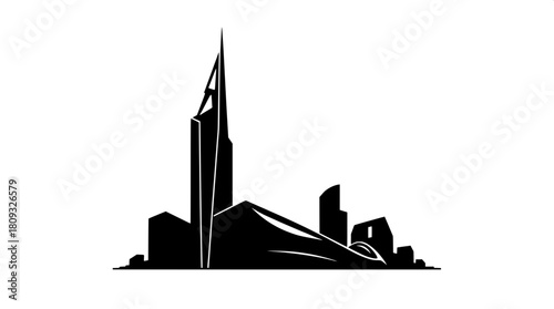 Black silhouette of a sleek futuristic high-rise building with sharp edges and strong geometric forms in a graphic logo style, featuring clean lines and precise shapes, with no gradients, set against 