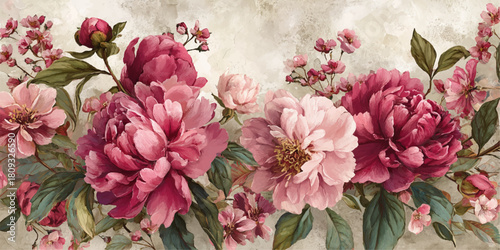 Vintage floral arrangement with lush pink and deep red peonies and green leaves