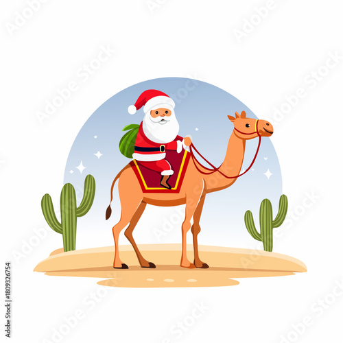 Santa delivers gifts by camel across desert landscape