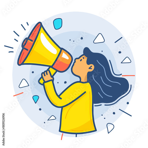 Woman with long dark hair holding a megaphone announcing news or making an announcement