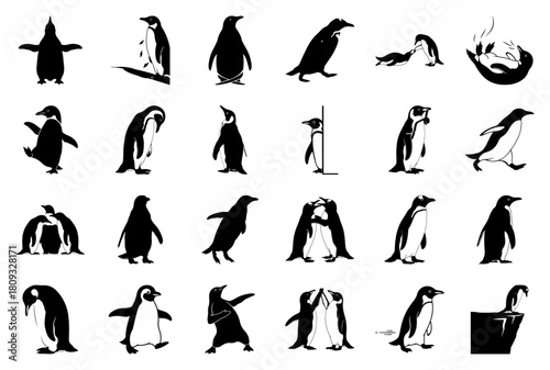 Penguin Silhouette Vector Icons Set: 24 Diverse Poses and Actions