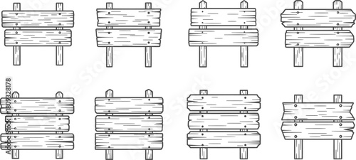 Collection of vintage wooden signs and planks in black and white sketch style