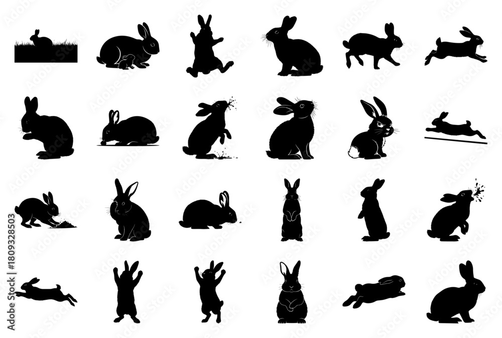 Naklejka premium Rabbit and Bunny Silhouette Vector Collection: Diverse Poses and Actions
