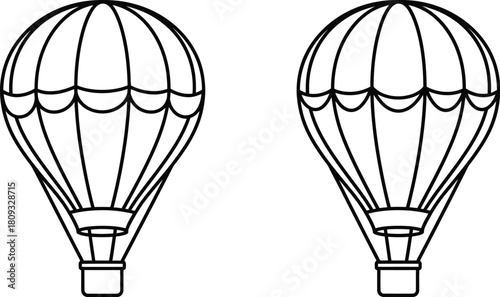 Two black and white line art illustrations of hot air balloons floating