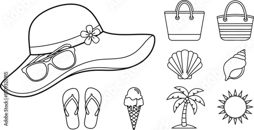 Summer vacation themed outline icons hats sunglasses beach accessories and more
