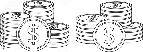Stacks of coins with dollar signs a simple black and white illustration