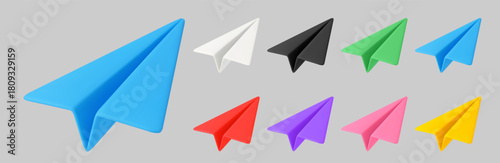 Paper airplane 3D icons. Plane mail send and newsletter, message icon, flying color origami paper planes. Realistic cartoon render symbol for innovation, business vision, travel concept. Vector set