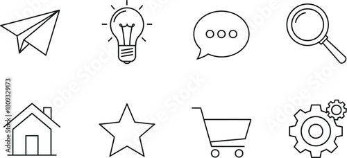 Simple black and white line icons depicting various common concepts