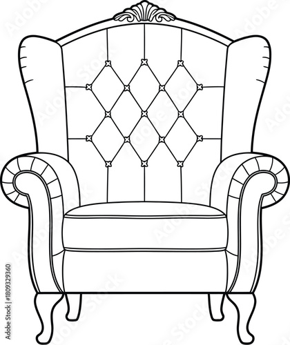 Elegant high back armchair with diamond tufting and ornate detailing shown in outline