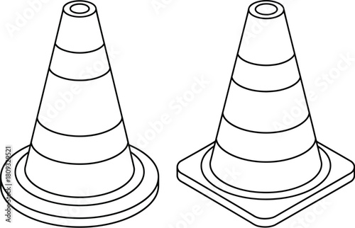 Two traffic cones depicted in a simple black and white line drawing style