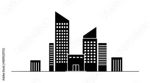 Minimalist black and white icon-style illustration of a modern skyscraper with clean lines and geometric shapes, solid black rectangular forms and triangular rooftops on a pristine white background, n
