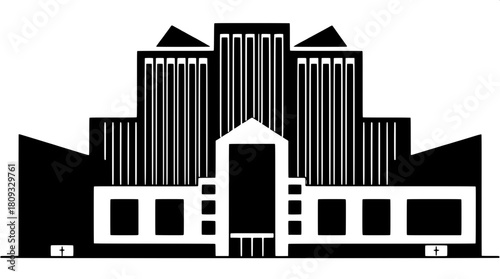 Minimalist black and white icon-style illustration of a modern skyscraper with clean lines and geometric shapes, solid black rectangular forms and triangular rooftops on a pristine white background, n