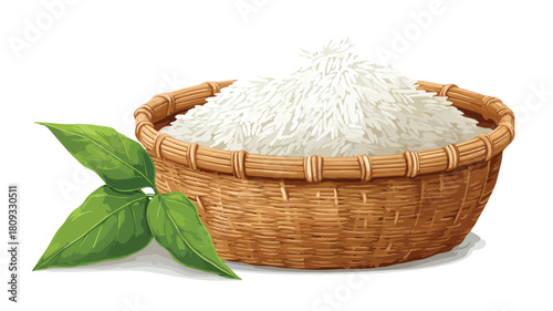 Rice Basket with Green Leaf Vector Illustration