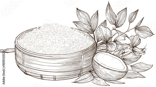 Basket of Rice with Drawing of Coconut and Leaves Vector Illustration