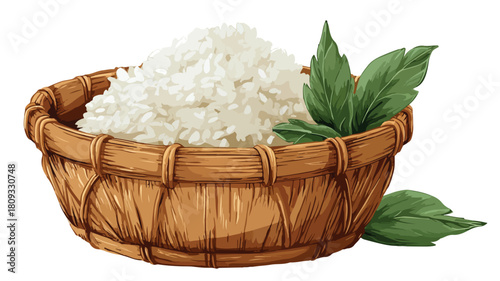 Rice Basket with Green Leaf Vector Illustration
