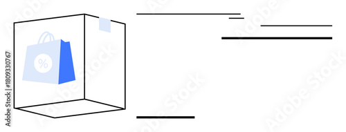 Blue shopping bag with discount symbol inside a transparent box moving swiftly. Ideal for e-commerce, delivery, logistics, online deals, promotions, retail, marketing. Simple flat metaphor