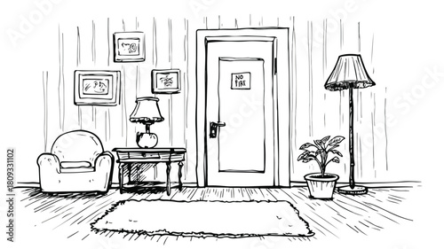 Monochrome room sketch with 'no' door