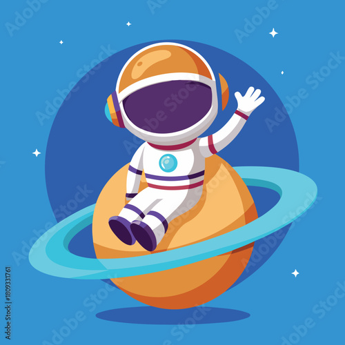 Cute cartoon astronaut character sitting on a ringed planet and waving hand in outer space with stars