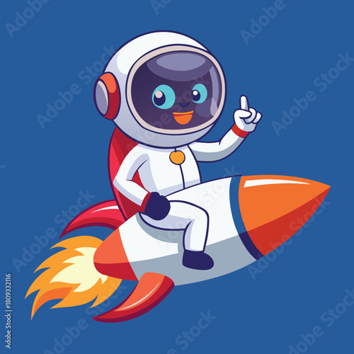 Adorable cartoon astronaut character riding a flying rocket ship and pointing up in the vast outer space
