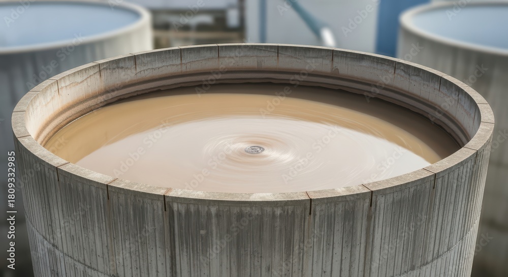 Fototapeta premium Industrial circular tank with rotating liquid in motion