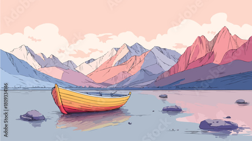 Serene Boat Floating on Water with Majestic Mountain View