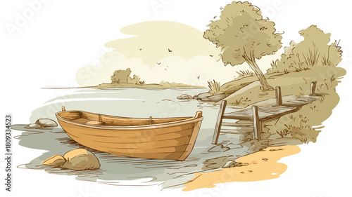 Boat with Boat on River Vector Outline Illustration for Adobe Stock