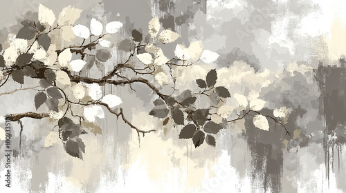 Abstract Tree Branch Painting: Muted neutral colors, modern wall art design.