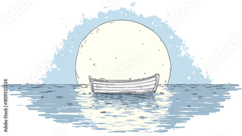 Serene Cartoon Drawing of a Boat with Full Moon in Background
