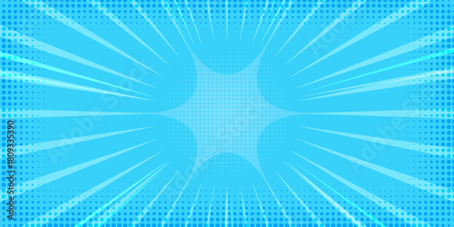 Comic book abstract blue background with starburst pattern. Pop art radial rays of explosion with halftone effect. Manga action lines and flash concentric beams. Vector retro bright bg.