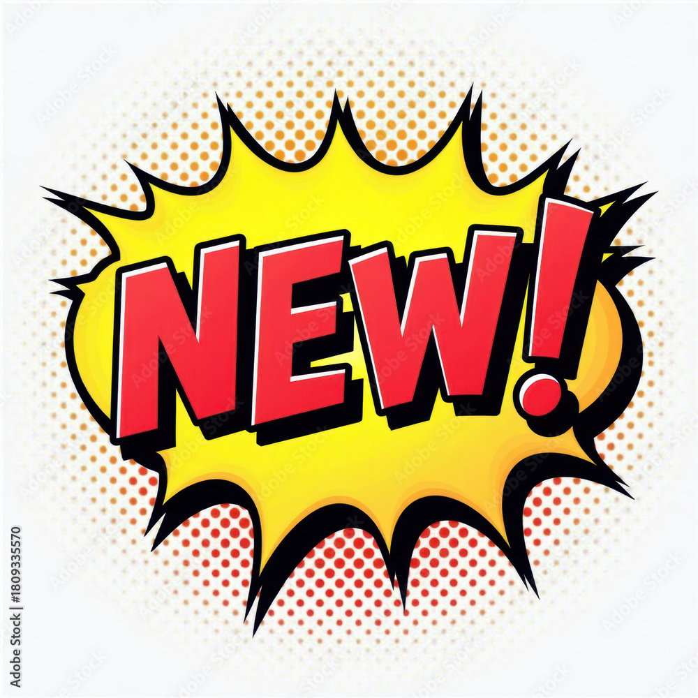 Fototapeta premium New! Comic speech bubble. Sale, promo, discount, arrival lettering element with sound effect of color phrase. on transparent background