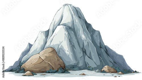 Scenic Cartoon Mountain Landscape with Rock Foreground Drawing
