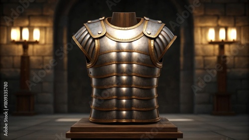 Roman Lorica Segmentata Armor Displayed on Wooden Pedestal