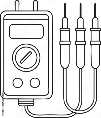 Modern digital multimeter with leads outline vector for circuit testing and electrical engineering tasks