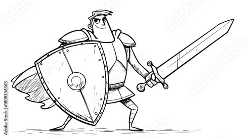Warrior Cartoon - Sword and Shield Illustration for Design Projects