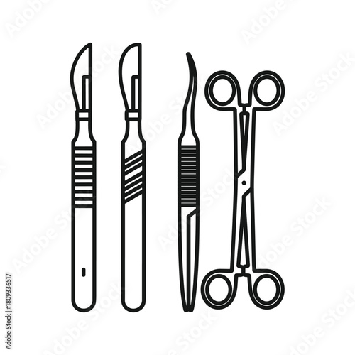Surgical instrument set isolated on scalpel, forceps, and scissors for surgery and medicine