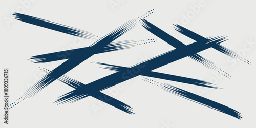 A series of dark blue brush strokes intersecting each other on a white background with dot patterns at ends