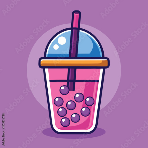 Refreshing pink bubble tea drink with tapioca pearls and a straw in a plastic cup, cartoon illustration